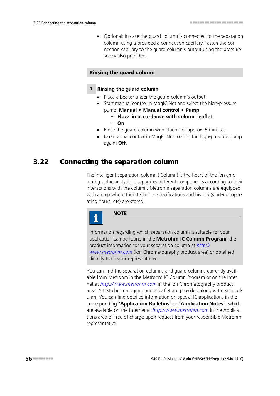 22 connecting the separation column | Metrohm 940 Professional IC Vario ONE/SeS/PP/Prep 1 User Manual | Page 66 / 127