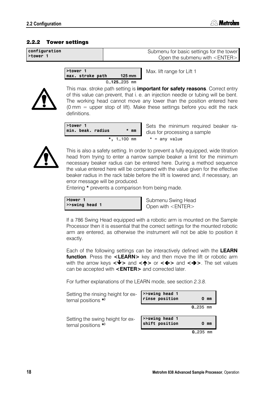 2 tower settings, Tower settings | Metrohm 838 Advanced Sample Processor Manual User Manual | Page 26 / 101