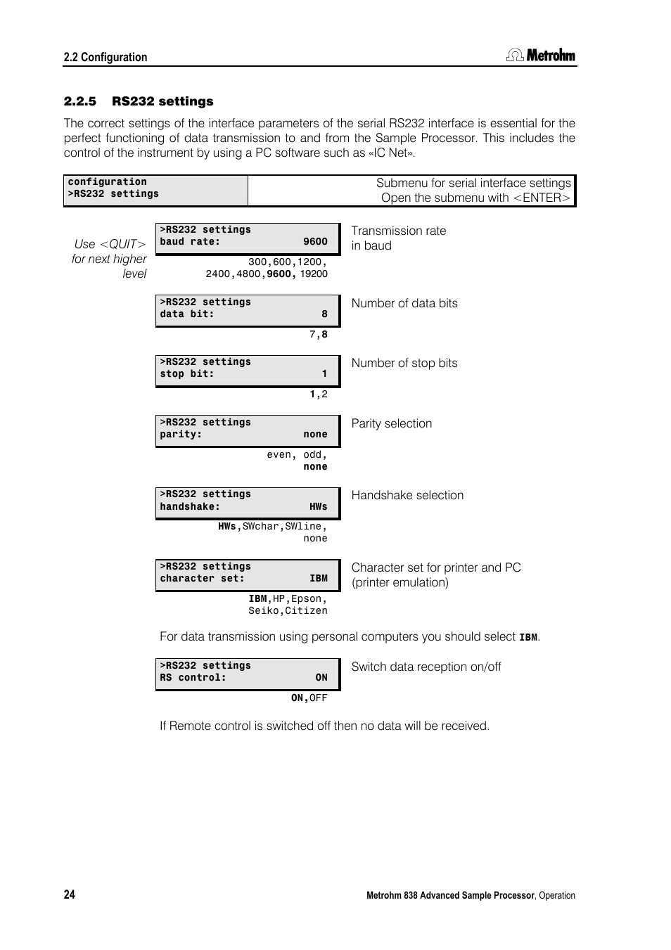5 rs232 settings, Rs232 settings | Metrohm 838 Advanced Sample Processor Manual User Manual | Page 32 / 101