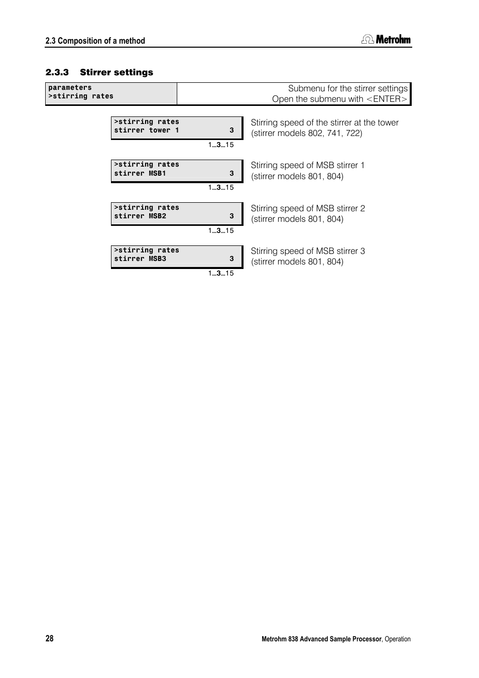 3 stirrer settings, Stirrer settings | Metrohm 838 Advanced Sample Processor Manual User Manual | Page 36 / 101