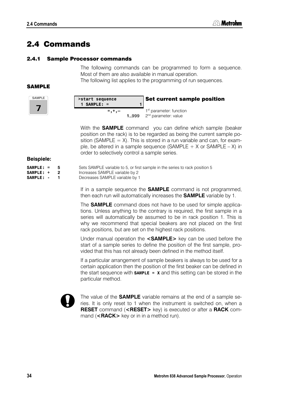 4 commands, 1 sample processor commands, Sample | Set current sample position, Commands, Sample processor commands | Metrohm 838 Advanced Sample Processor Manual User Manual | Page 42 / 101