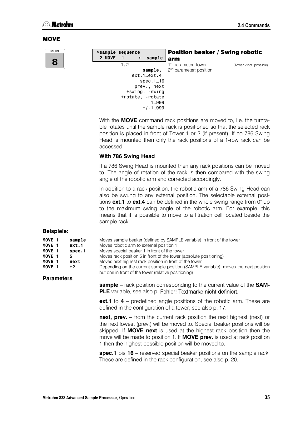 Move, Position beaker / swing robotic arm | Metrohm 838 Advanced Sample Processor Manual User Manual | Page 43 / 101