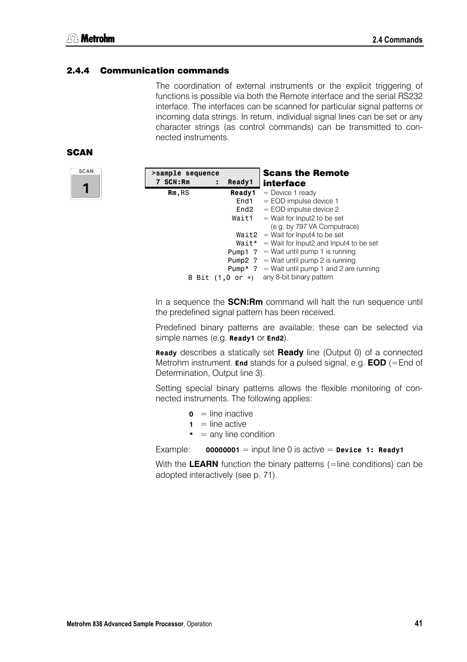 4 communication commands, Scan, Scans the remote interface | Communication commands | Metrohm 838 Advanced Sample Processor Manual User Manual | Page 49 / 101