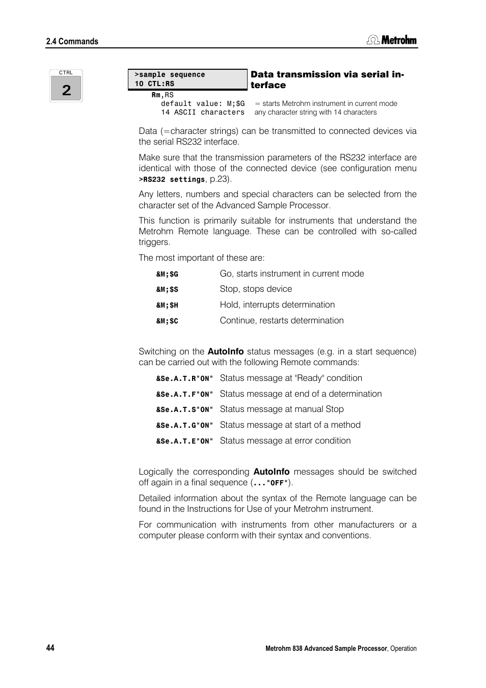 Data transmission via serial interface | Metrohm 838 Advanced Sample Processor Manual User Manual | Page 52 / 101