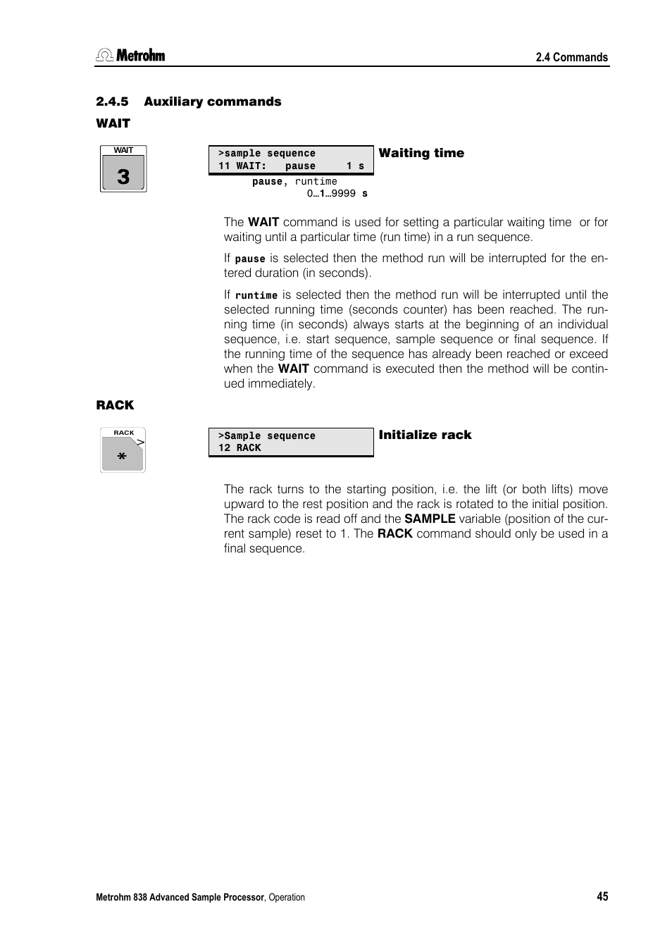 5 auxiliary commands, Wait, Waiting time | Rack, Initialize rack, Auxiliary commands | Metrohm 838 Advanced Sample Processor Manual User Manual | Page 53 / 101