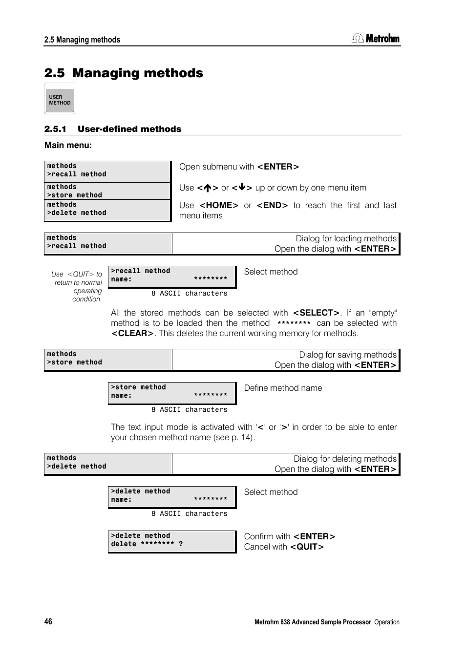 5 managing methods, 1 user-defined methods, Managing methods | User-defined methods | Metrohm 838 Advanced Sample Processor Manual User Manual | Page 54 / 101