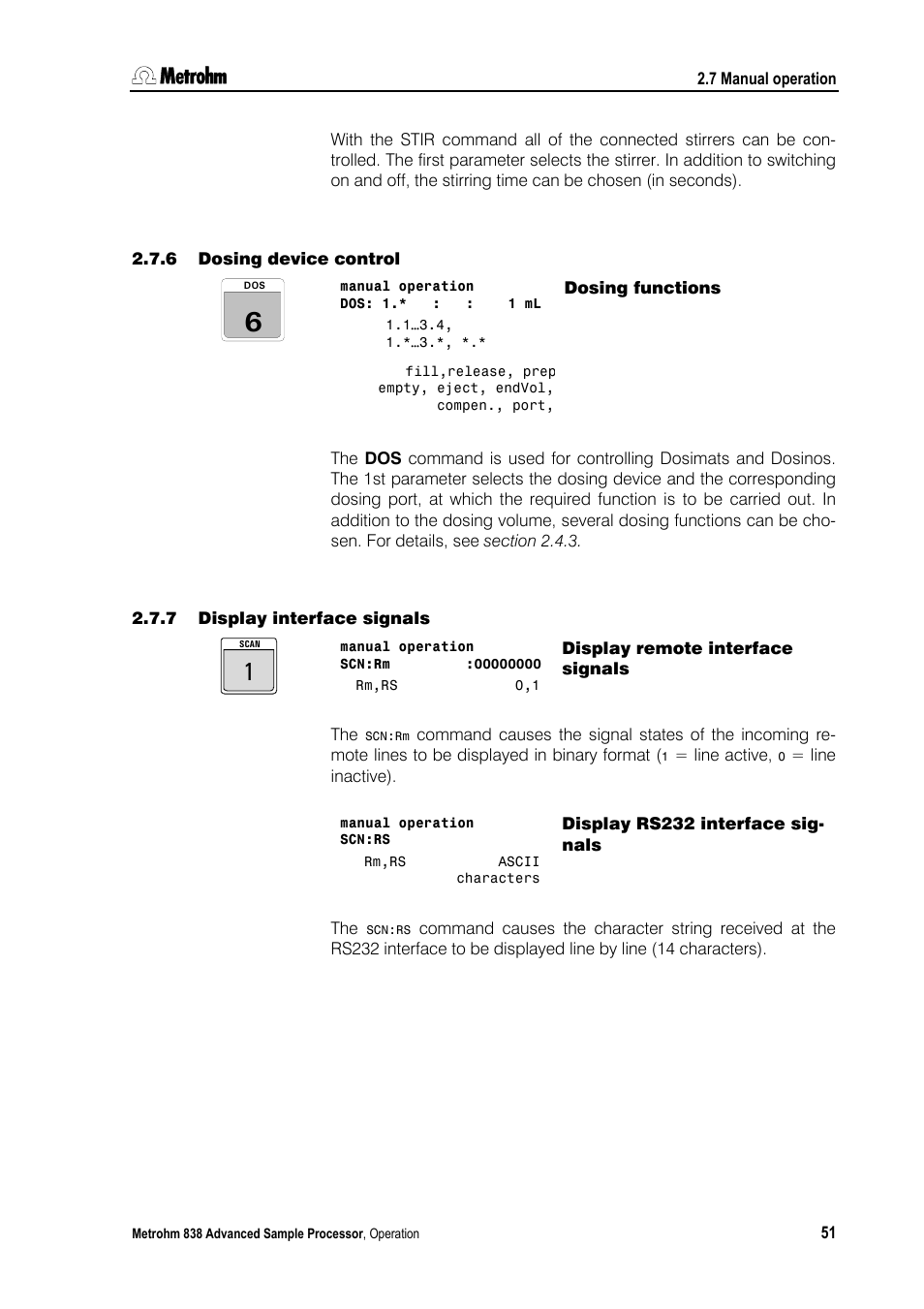 6 dosing device control, Dosing functions, 7 display interface signals | Display remote interface signals, Display rs232 interface signals, Dosing device control, Display interface signals | Metrohm 838 Advanced Sample Processor Manual User Manual | Page 59 / 101