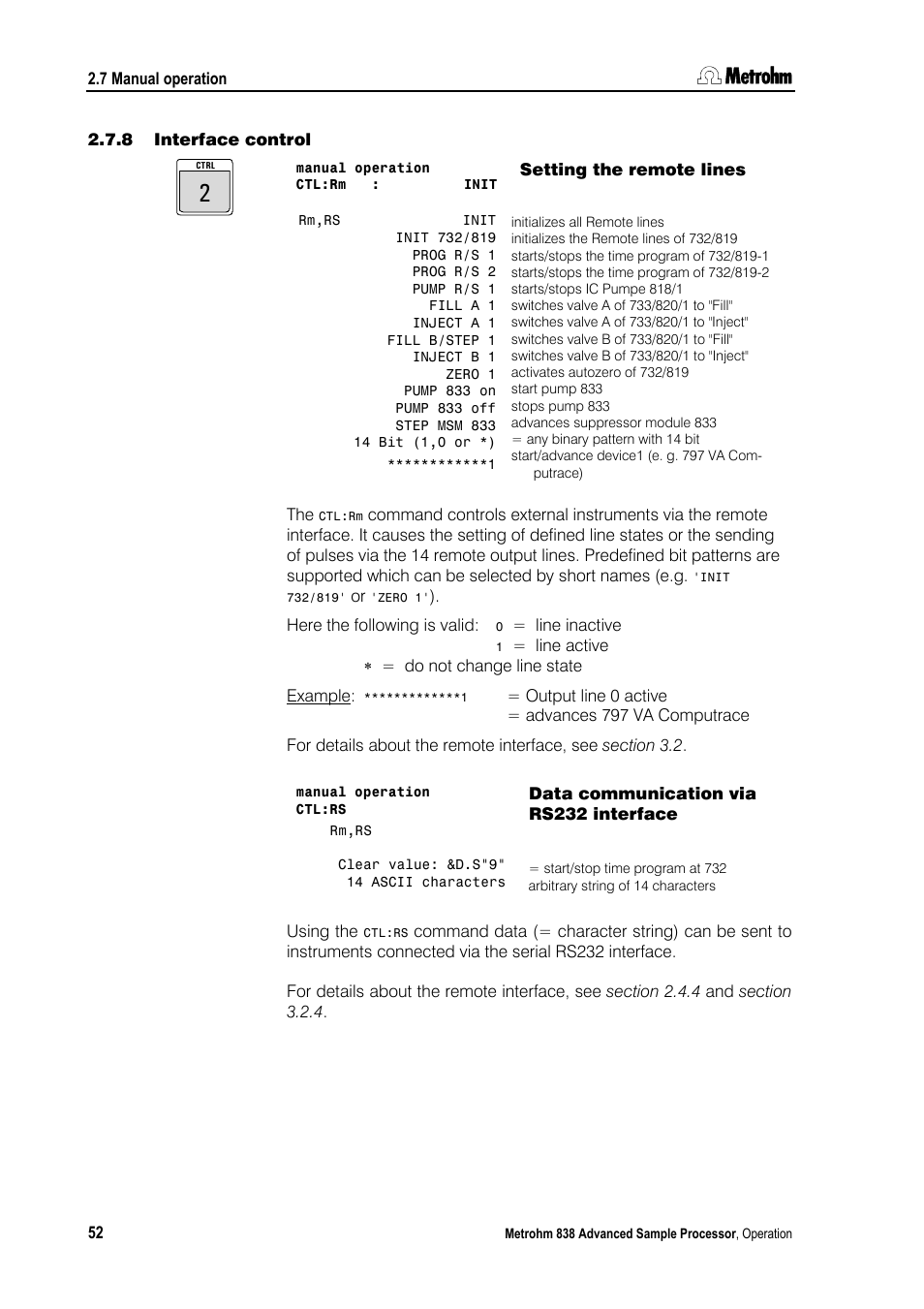8 interface control, Setting the remote lines, Data communication via rs232 interface | Interface control | Metrohm 838 Advanced Sample Processor Manual User Manual | Page 60 / 101