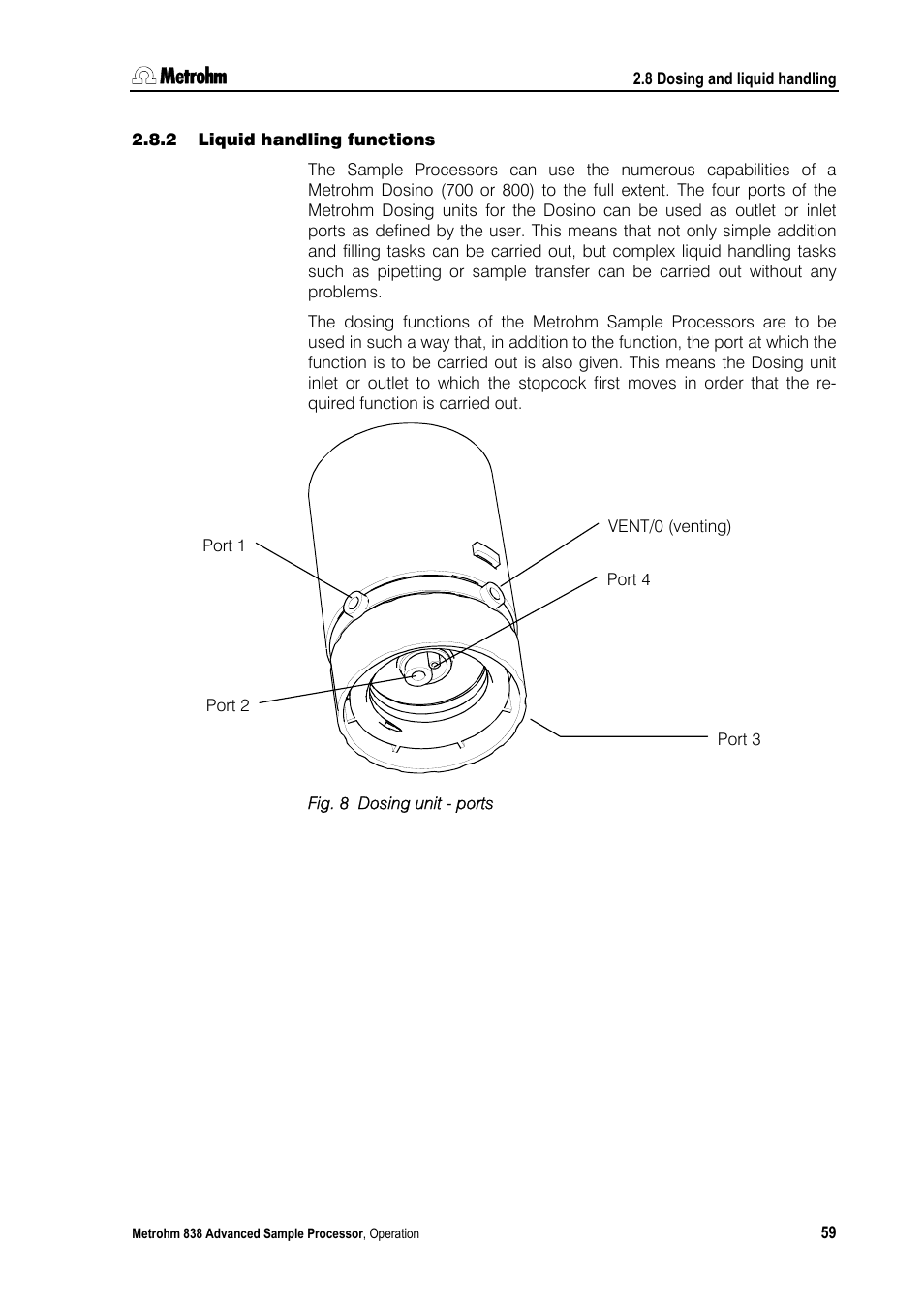 2 liquid handling functions, Liquid handling functions, Fig. 8 | Dosing unit - ports | Metrohm 838 Advanced Sample Processor Manual User Manual | Page 67 / 101
