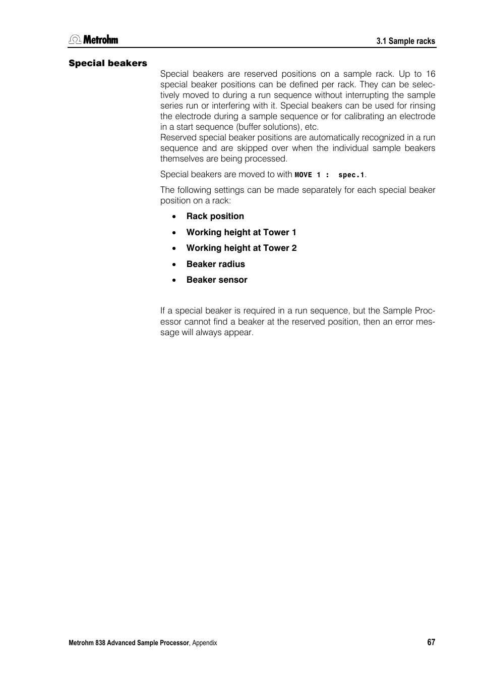 Special beakers | Metrohm 838 Advanced Sample Processor Manual User Manual | Page 75 / 101