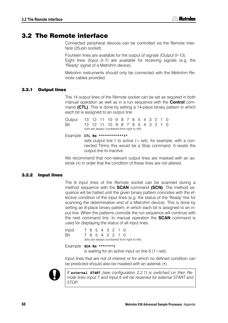 2 the remote interface, 1 output lines, 2 input lines | The remote interface, Output lines, Input lines | Metrohm 838 Advanced Sample Processor Manual User Manual | Page 76 / 101