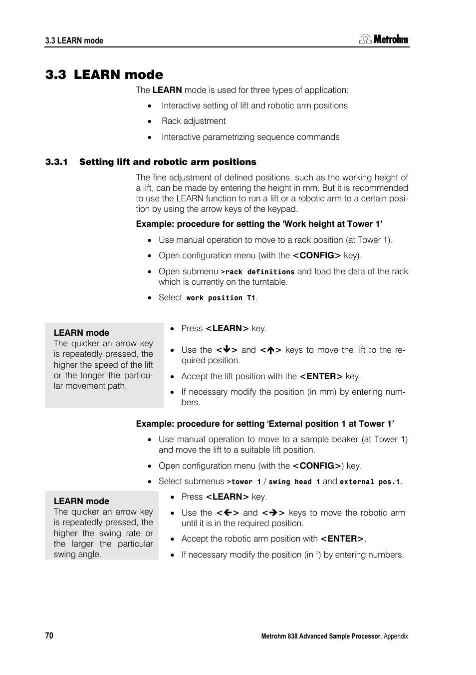 3 learn mode, 1 setting lift and robotic arm positions, Learn mode | Setting lift and robotic arm positions | Metrohm 838 Advanced Sample Processor Manual User Manual | Page 78 / 101
