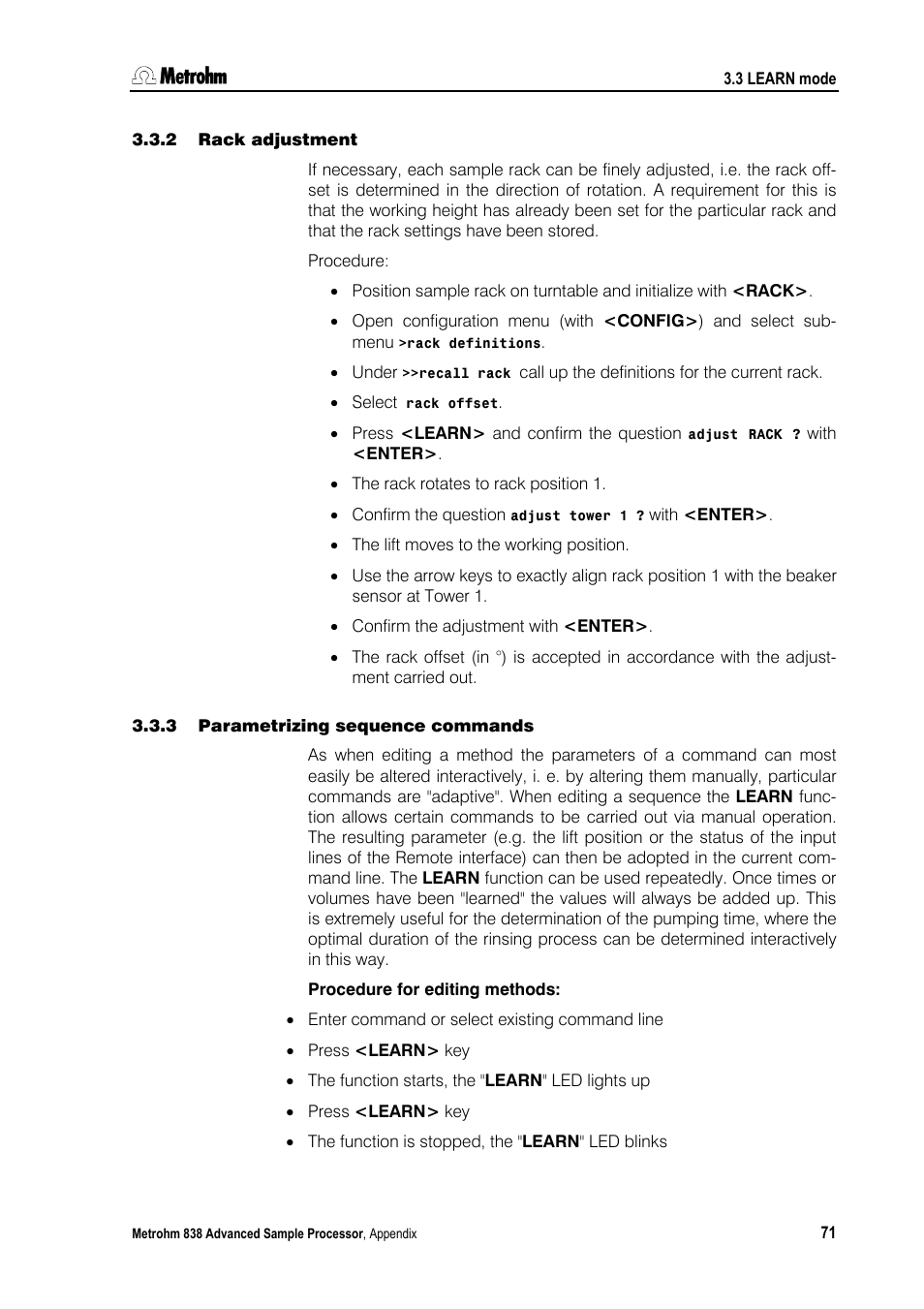 2 rack adjustment, 3 parametrizing sequence commands, Rack adjustment | Parametrizing sequence commands | Metrohm 838 Advanced Sample Processor Manual User Manual | Page 79 / 101