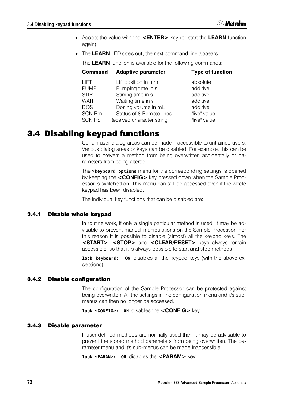 4 disabling keypad functions, 1 disable whole keypad, 2 disable configuration | 3 disable parameter, Disabling keypad functions, Disable whole keypad, Disable configuration, Disable parameter | Metrohm 838 Advanced Sample Processor Manual User Manual | Page 80 / 101
