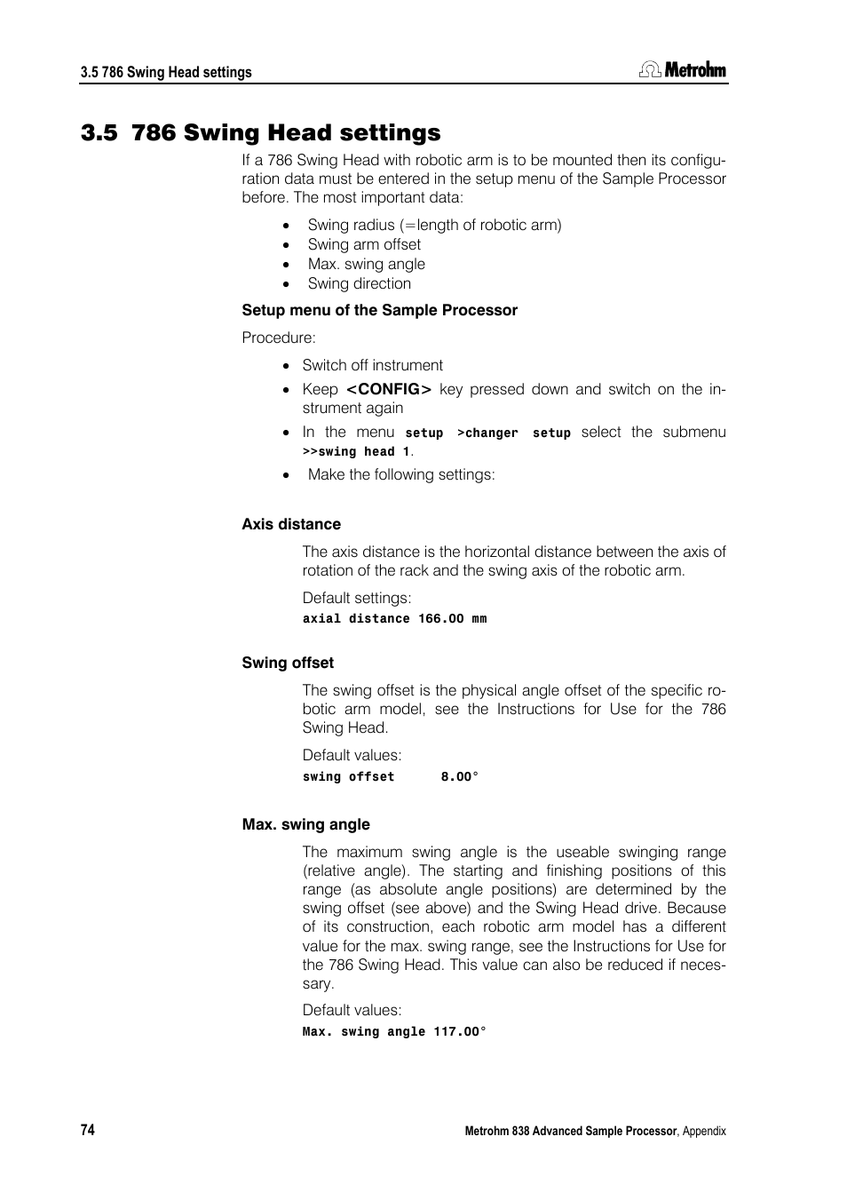 5 786 swing head settings, 786 swing head settings | Metrohm 838 Advanced Sample Processor Manual User Manual | Page 82 / 101