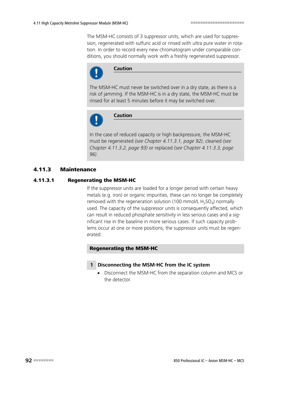 3 maintenance, 1 regenerating the msm‑hc, Maintenance | Metrohm 850 Professional IC Anion MSM-HC MCS User Manual | Page 102 / 147