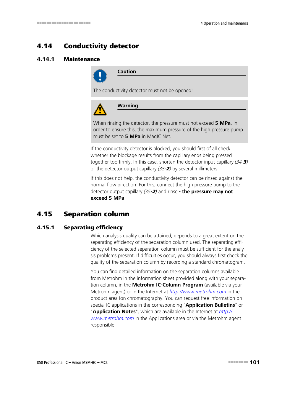 14 conductivity detector, 1 maintenance, 15 separation column | 1 separating efficiency, 14 conductivity detector 4.14.1, Maintenance, 15 separation column 4.15.1, Separating efficiency | Metrohm 850 Professional IC Anion MSM-HC MCS User Manual | Page 111 / 147