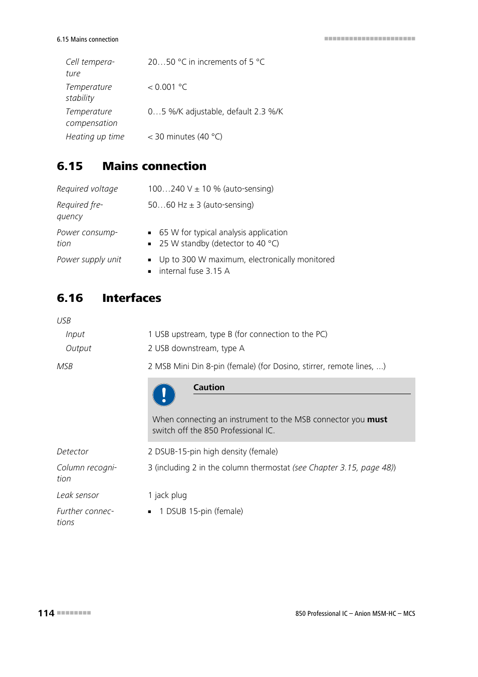 15 mains connection, 16 interfaces | Metrohm 850 Professional IC Anion MSM-HC MCS User Manual | Page 124 / 147