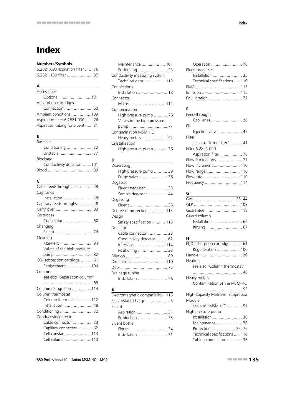 Index | Metrohm 850 Professional IC Anion MSM-HC MCS User Manual | Page 145 / 147