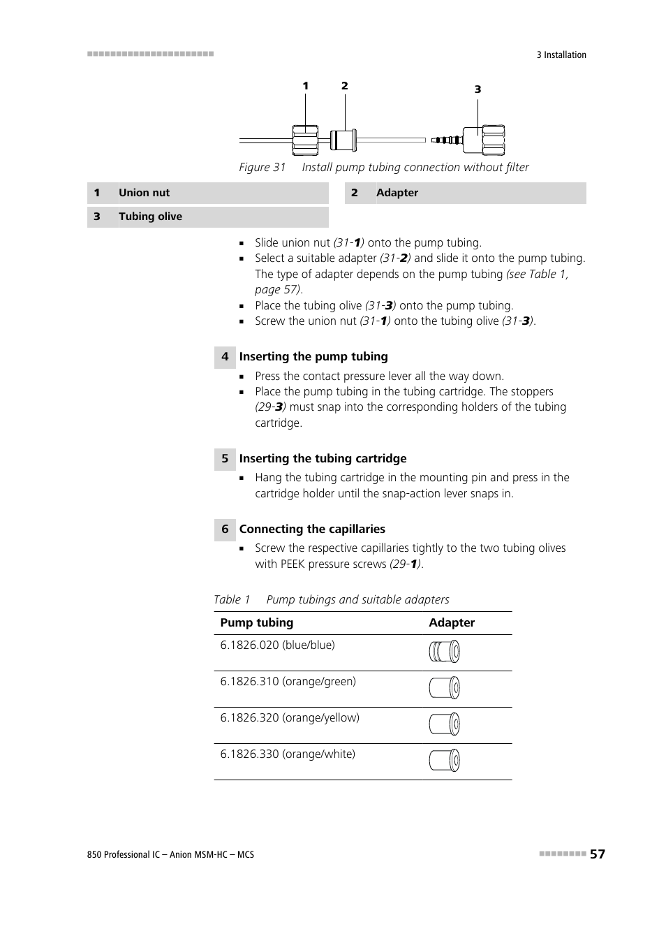 Figure 31, Install pump tubing connection without filter | Metrohm 850 Professional IC Anion MSM-HC MCS User Manual | Page 67 / 147