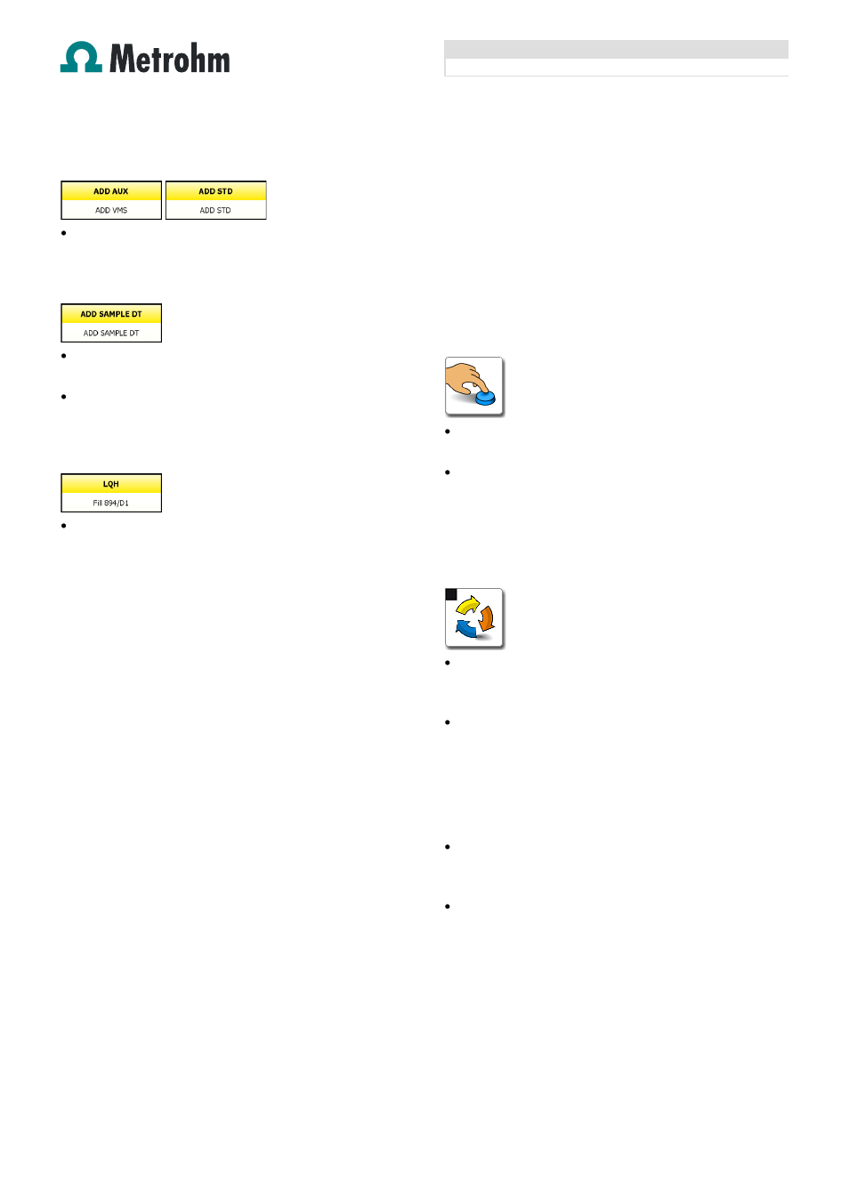 Dosing commands, Evaluation, Substances | Standards, Calibration, Results, Operation, Suppressor determination, Manual operation, Workplace | Metrohm 894 Professional CVS semiautomated User Manual | Page 6 / 7