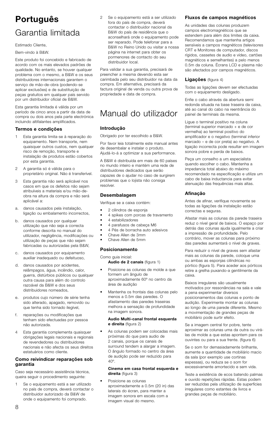 Português garantia limitada, Manual do utilizador | Bowers & Wilkins XT4 User Manual | Page 11 / 26
