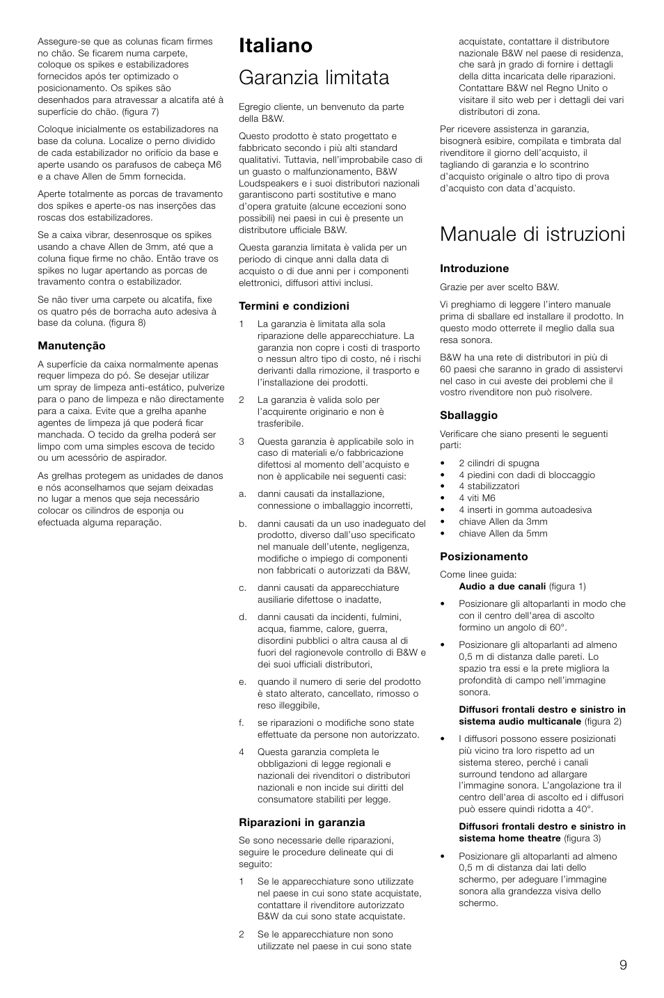 Italiano garanzia limitata, Manuale di istruzioni | Bowers & Wilkins XT4 User Manual | Page 12 / 26
