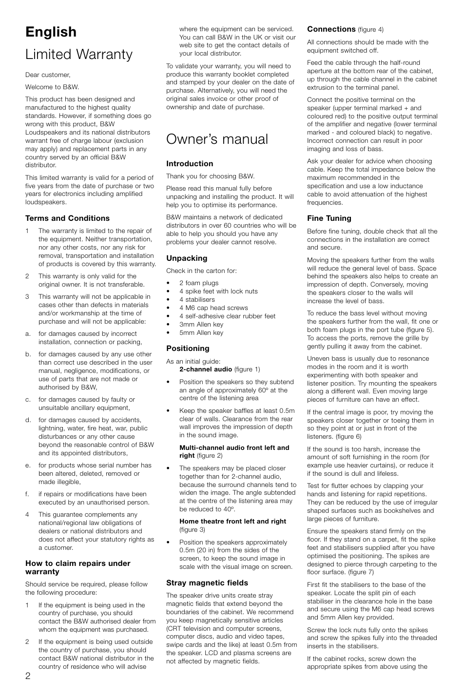 English limited warranty, Owner’s manual | Bowers & Wilkins XT4 User Manual | Page 5 / 26