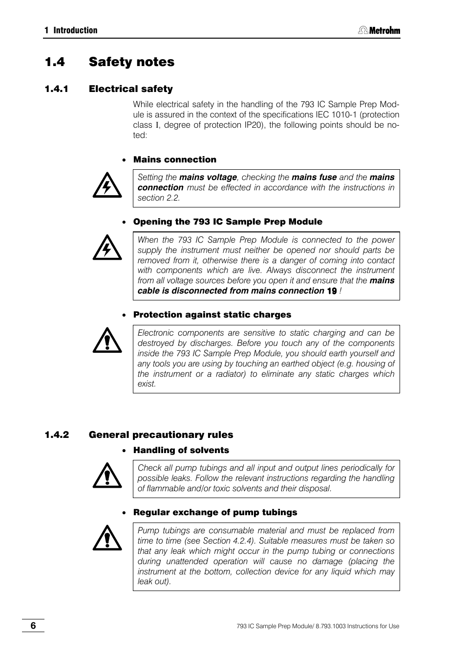 4 safety notes, 1 electrical safety, 2 general precautionary rules | Metrohm 793 IC Sample Preparation Module User Manual | Page 10 / 50