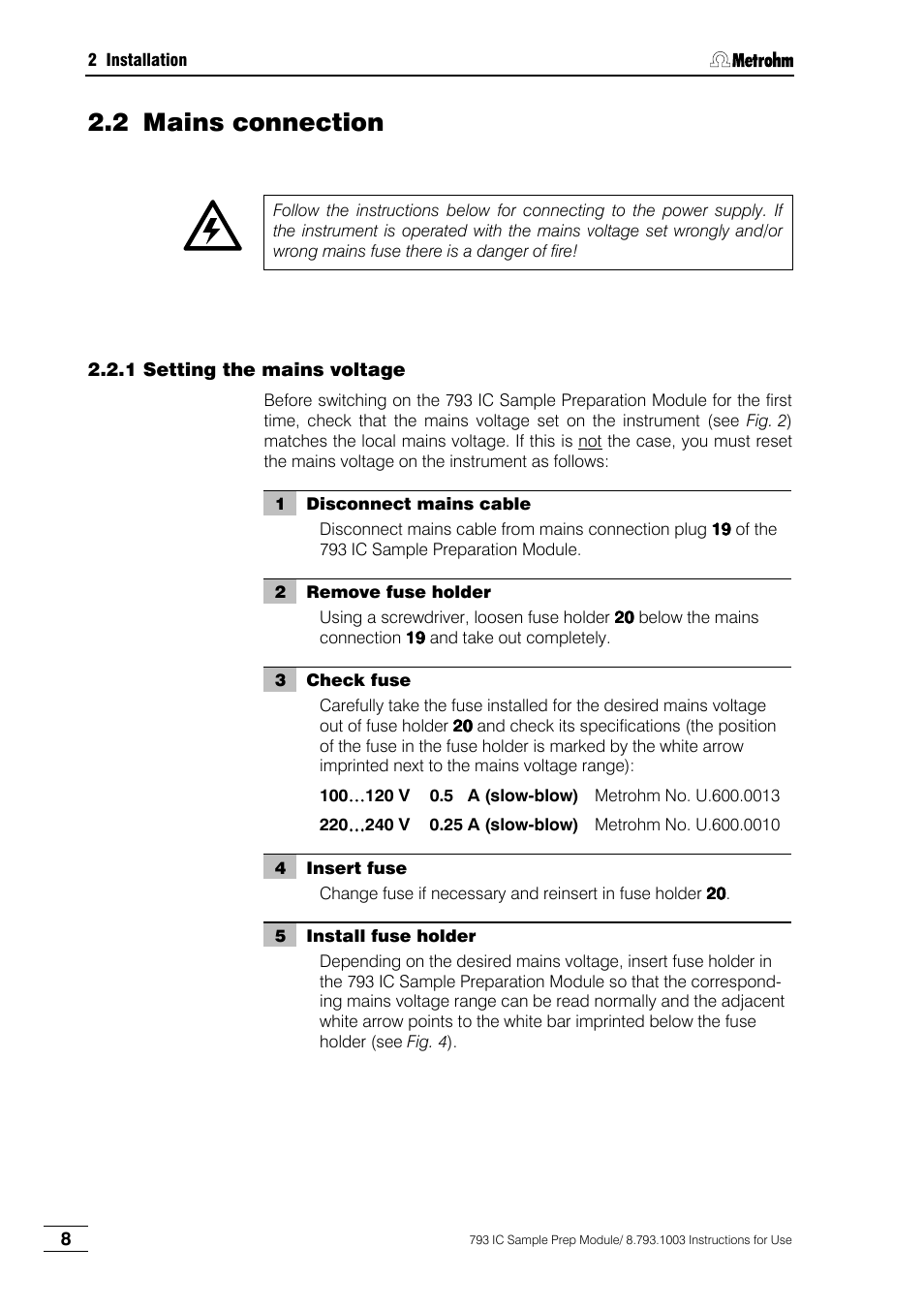 2 mains connection, 1 setting the mains voltage | Metrohm 793 IC Sample Preparation Module User Manual | Page 12 / 50