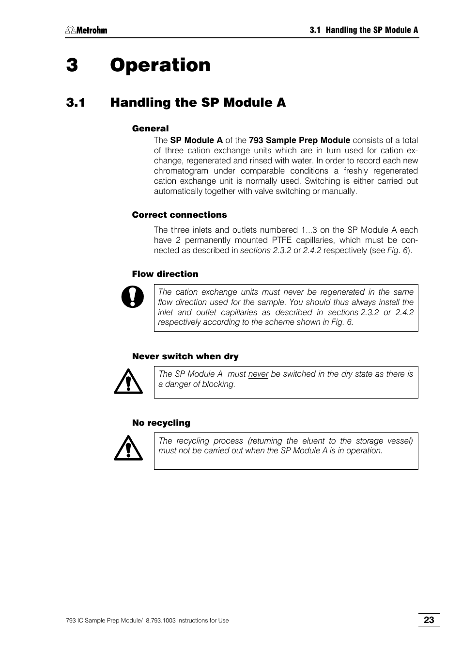 3 operation, 1 handling the sp module a | Metrohm 793 IC Sample Preparation Module User Manual | Page 27 / 50