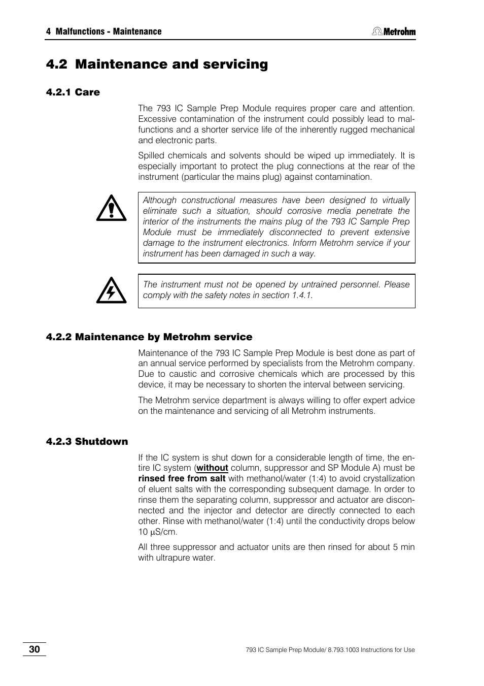 2 maintenance and servicing, 1 care, 2 maintenance by metrohm service | 3 shutdown | Metrohm 793 IC Sample Preparation Module User Manual | Page 34 / 50