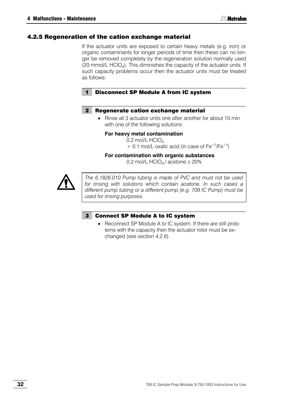 5 regeneration of the cation exchange material | Metrohm 793 IC Sample Preparation Module User Manual | Page 36 / 50