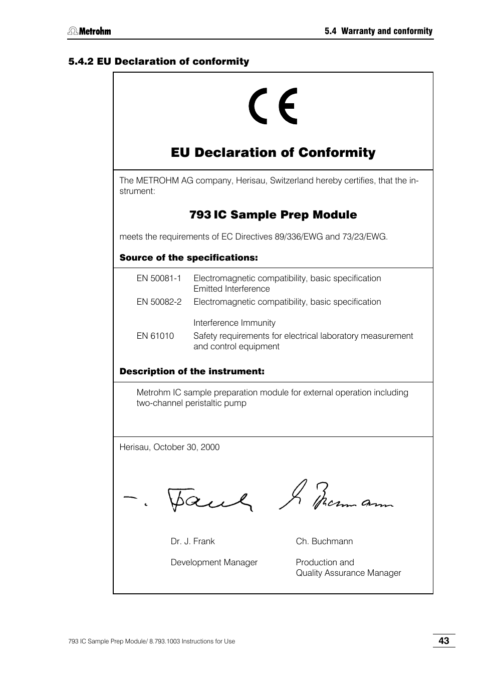 2 eu declaration of conformity, Eu declaration of conformity, Ic sample prep module | Metrohm 793 IC Sample Preparation Module User Manual | Page 47 / 50