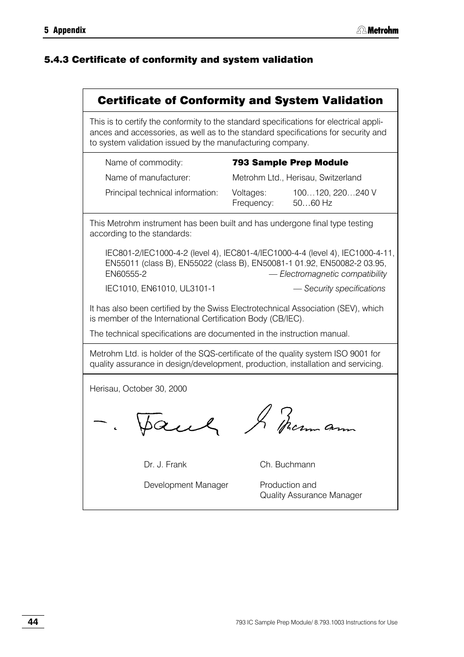 3 certificate of conformity and system validation, Certificate of conformity and system validation | Metrohm 793 IC Sample Preparation Module User Manual | Page 48 / 50