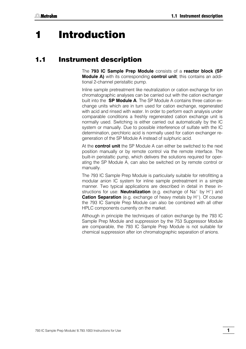 1 introduction, 1 instrument description | Metrohm 793 IC Sample Preparation Module User Manual | Page 5 / 50