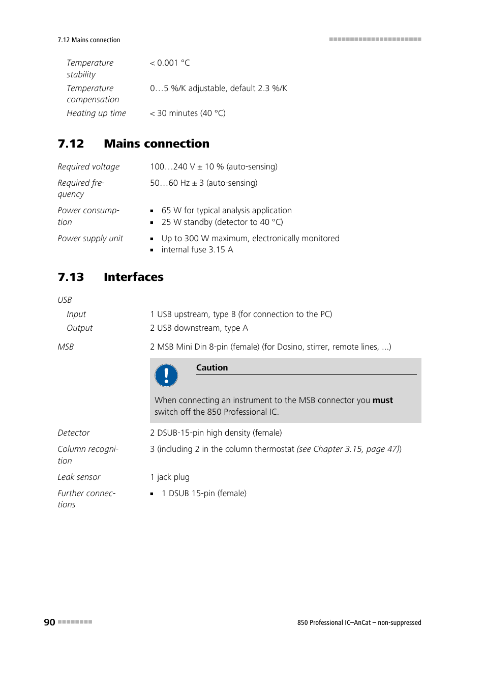 12 mains connection, 13 interfaces | Metrohm 850 Professional IC AnCat Nonsuppressed User Manual | Page 100 / 118