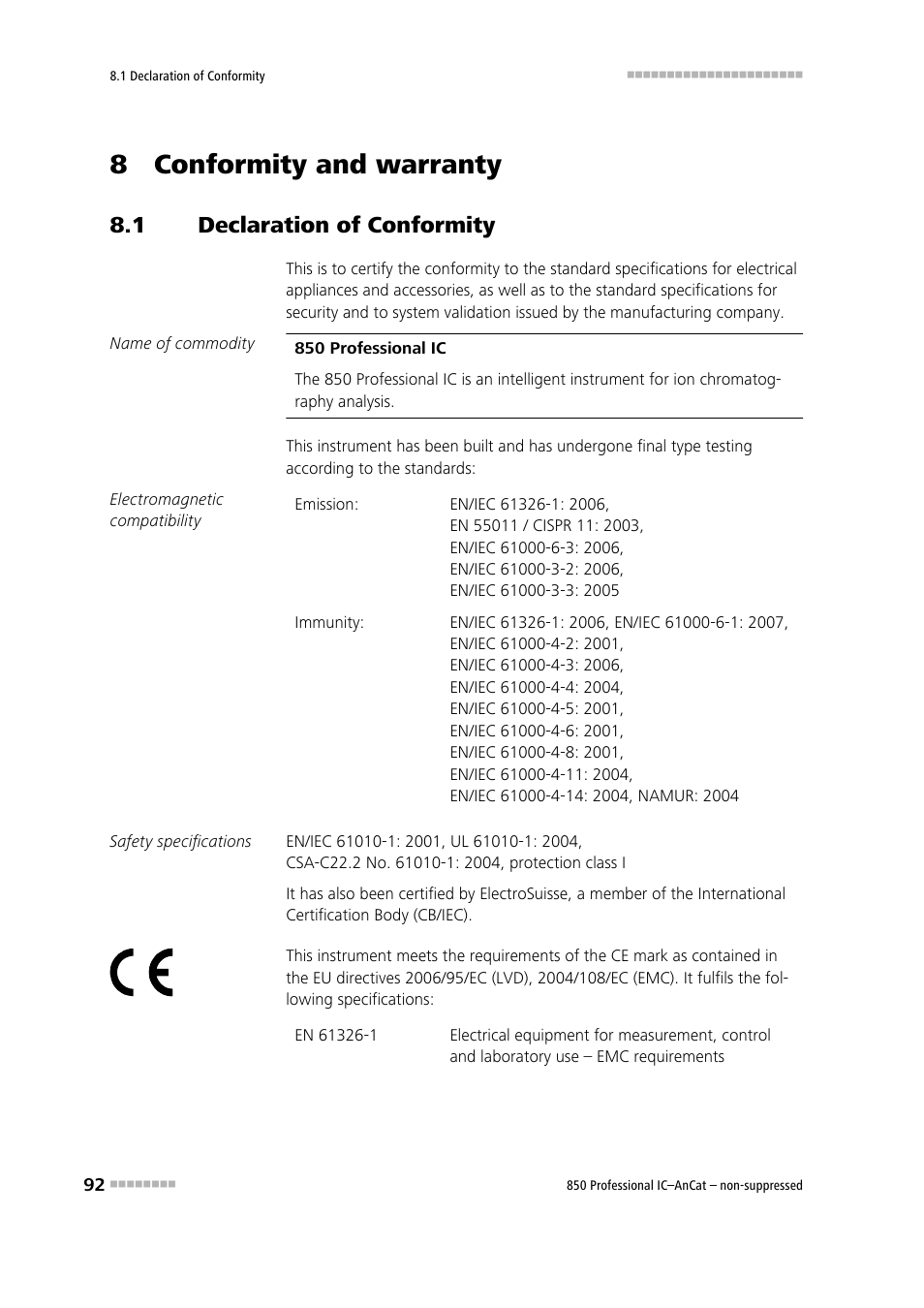 8 conformity and warranty, 1 declaration of conformity, Declaration of conformity | Metrohm 850 Professional IC AnCat Nonsuppressed User Manual | Page 102 / 118