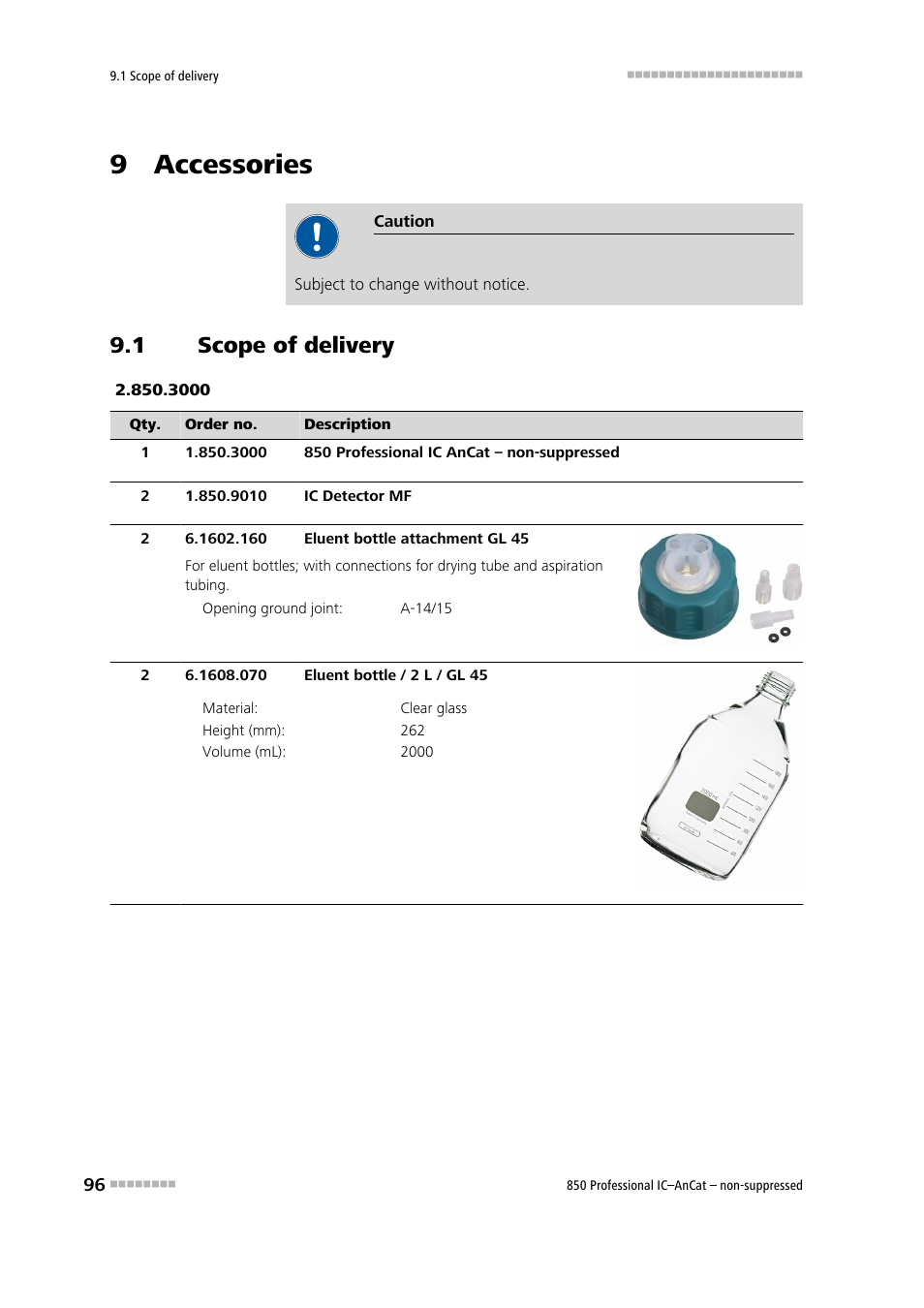 9 accessories, 1 scope of delivery, Scope of delivery | Metrohm 850 Professional IC AnCat Nonsuppressed User Manual | Page 106 / 118