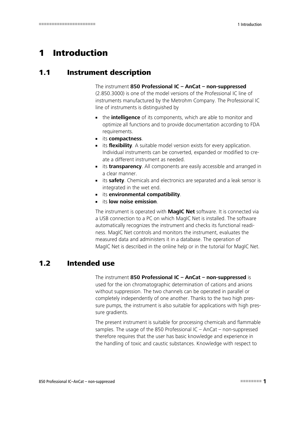 1 introduction, 1 instrument description, 2 intended use | Instrument description, Intended use | Metrohm 850 Professional IC AnCat Nonsuppressed User Manual | Page 11 / 118