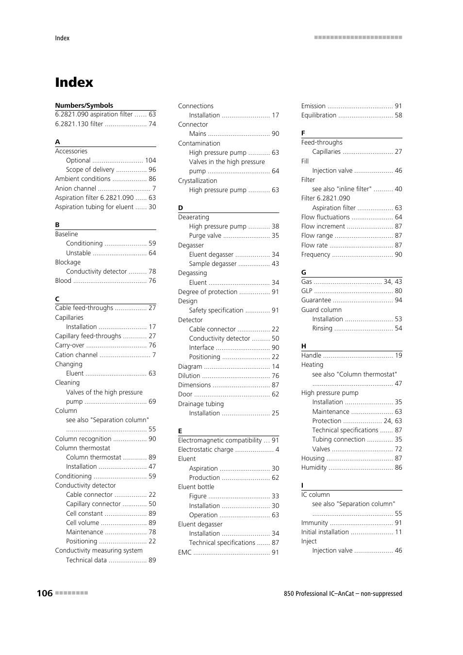 Index | Metrohm 850 Professional IC AnCat Nonsuppressed User Manual | Page 116 / 118