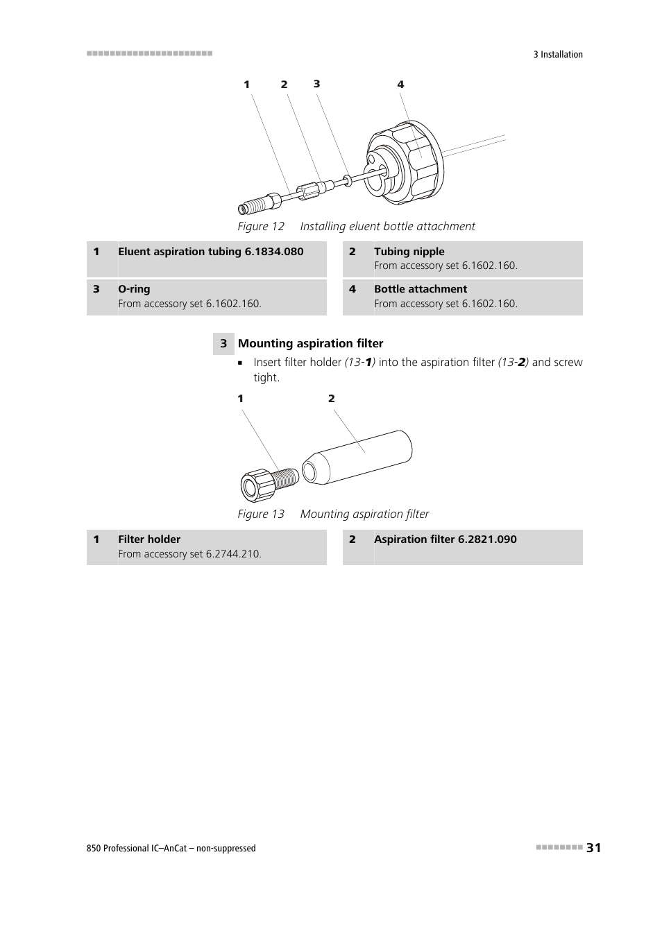 Figure 12, Installing eluent bottle attachment, Figure 13 | Mounting aspiration filter, Tubing (12-1), Ration tubing (12-1) | Metrohm 850 Professional IC AnCat Nonsuppressed User Manual | Page 41 / 118