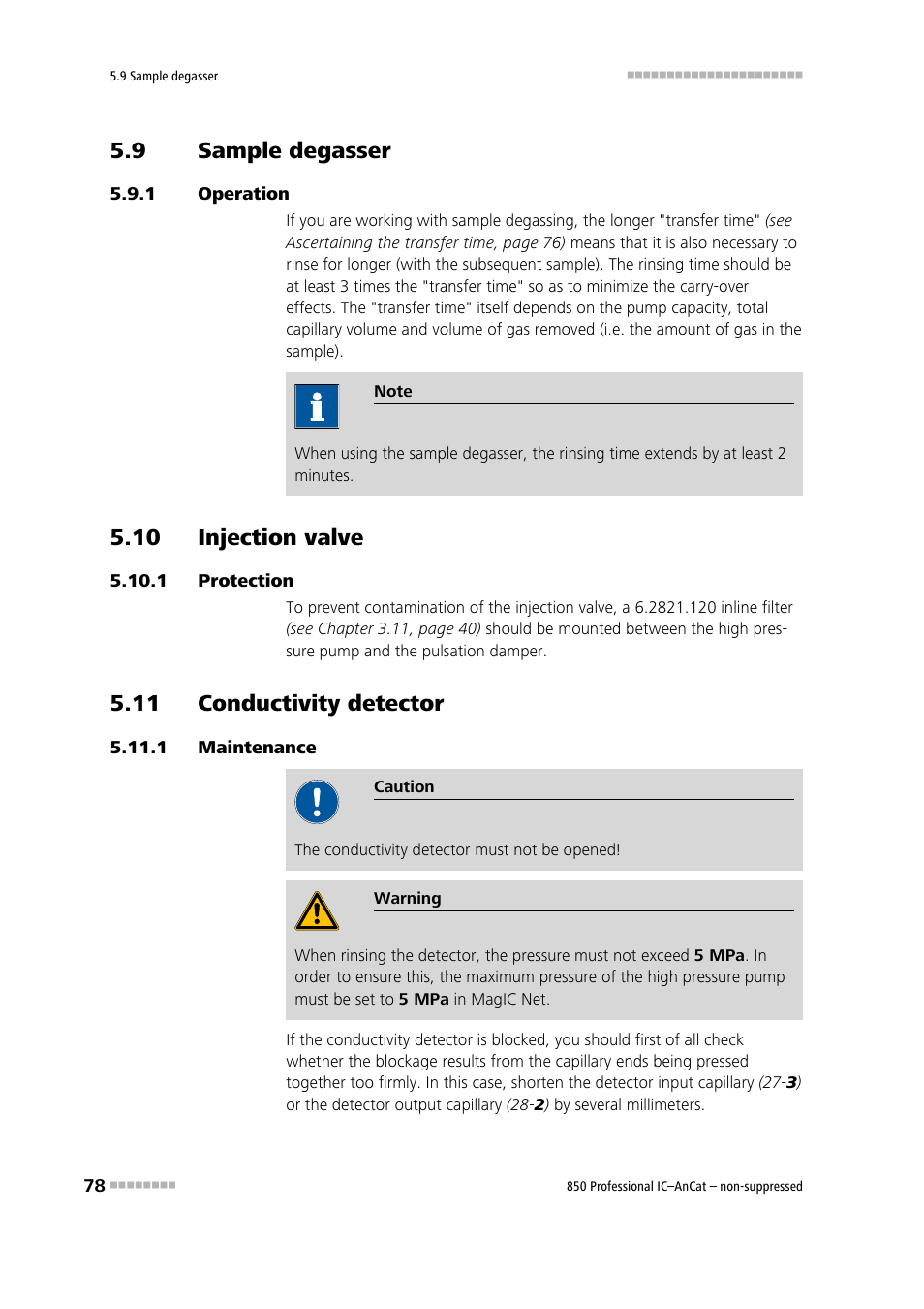 9 sample degasser, 1 operation, 10 injection valve | 1 protection, 11 conductivity detector, 1 maintenance, Sample degasser, Operation, Protection, Maintenance | Metrohm 850 Professional IC AnCat Nonsuppressed User Manual | Page 88 / 118