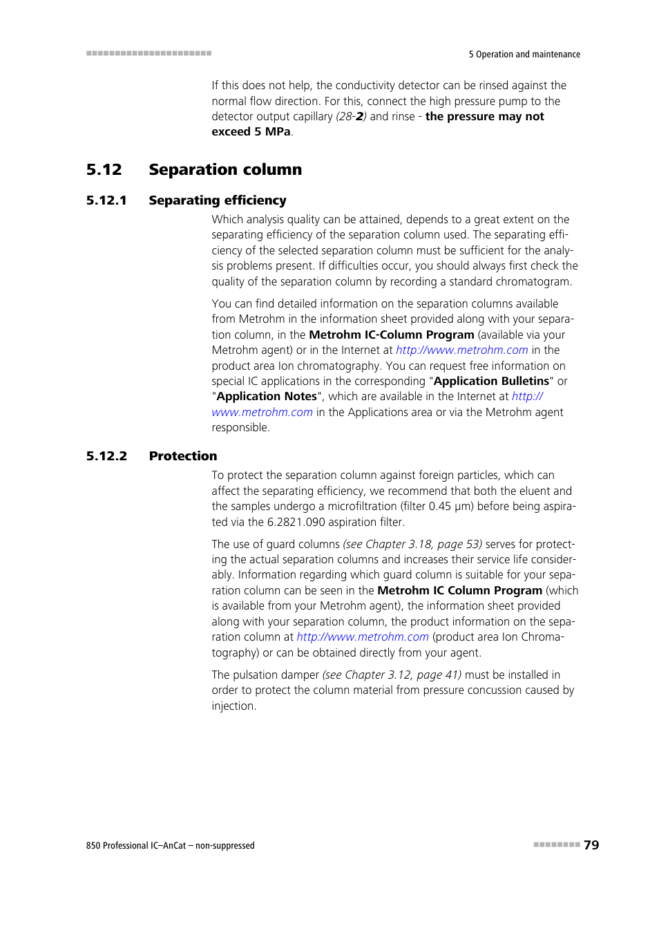 12 separation column, 1 separating efficiency, 2 protection | Separating efficiency, Protection | Metrohm 850 Professional IC AnCat Nonsuppressed User Manual | Page 89 / 118