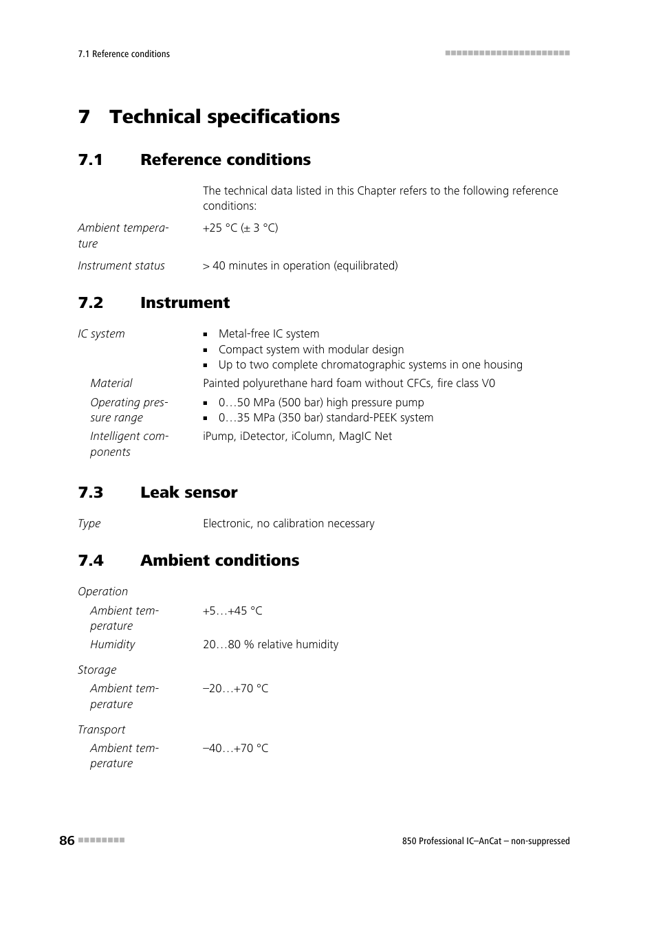 7 technical specifications, 1 reference conditions, 2 instrument | 3 leak sensor, 4 ambient conditions, Reference conditions, Instrument, Leak sensor, Ambient conditions | Metrohm 850 Professional IC AnCat Nonsuppressed User Manual | Page 96 / 118