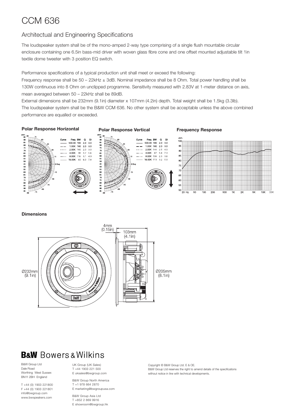 Ccm 636, Architectual and engineering specifications | Bowers & Wilkins CCM 636 User Manual | Page 2 / 2