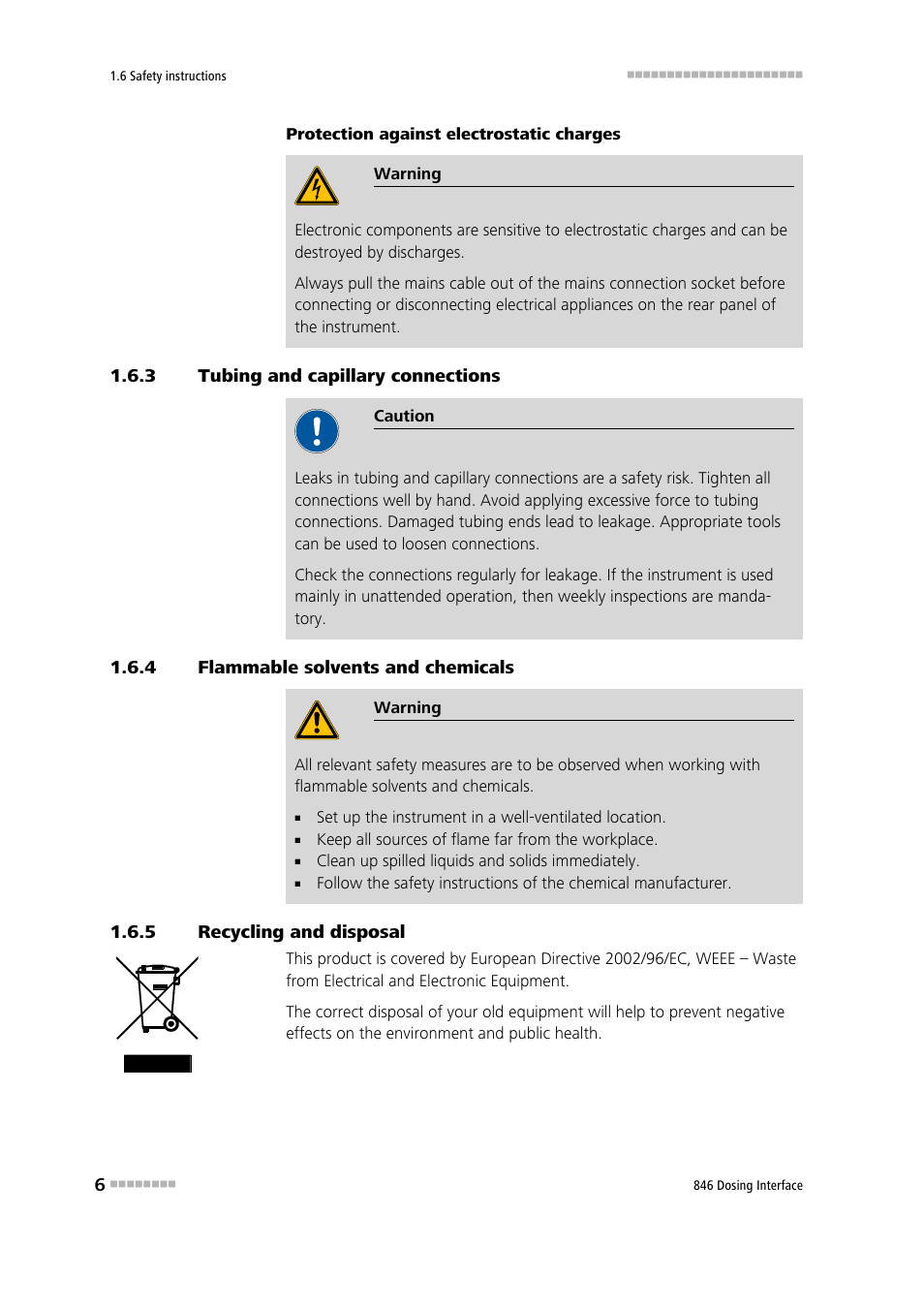 3 tubing and capillary connections, 4 flammable solvents and chemicals, 5 recycling and disposal | Tubing and capillary connections, Flammable solvents and chemicals, Recycling and disposal | Metrohm 807 Dosing Unit User Manual | Page 14 / 43