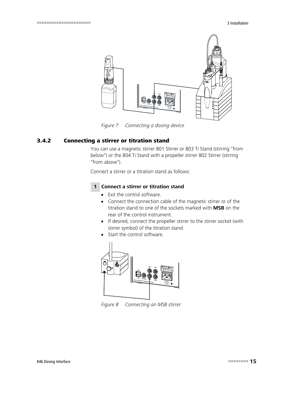 2 connecting a stirrer or titration stand, Connecting a stirrer or titration stand, Figure 7 | Connecting a dosing device, Figure 8, Connecting an msb stirrer | Metrohm 807 Dosing Unit User Manual | Page 23 / 43