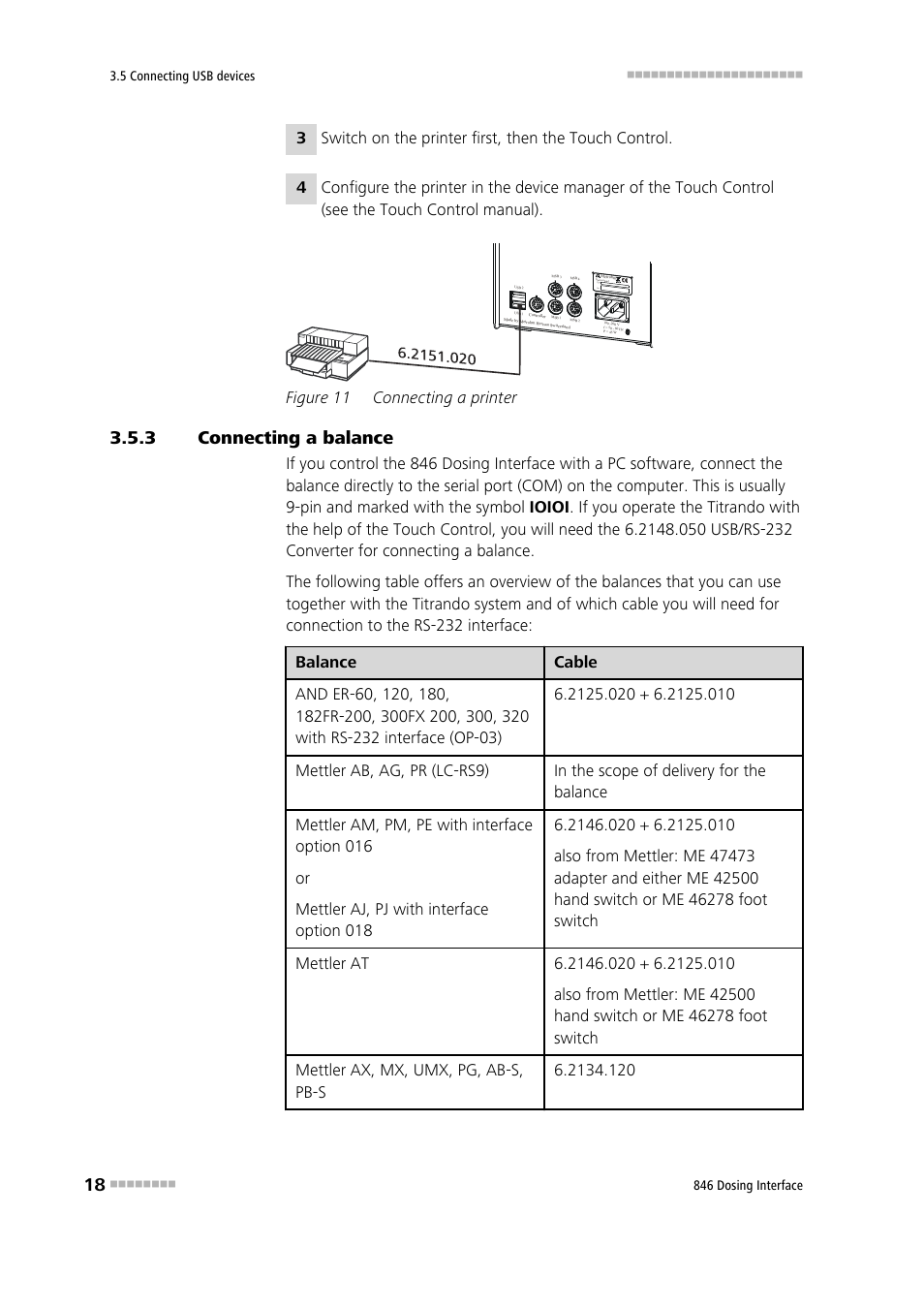 3 connecting a balance, Connecting a balance, Figure 11 | Connecting a printer, Figure 11 connecting a printer | Metrohm 807 Dosing Unit User Manual | Page 26 / 43
