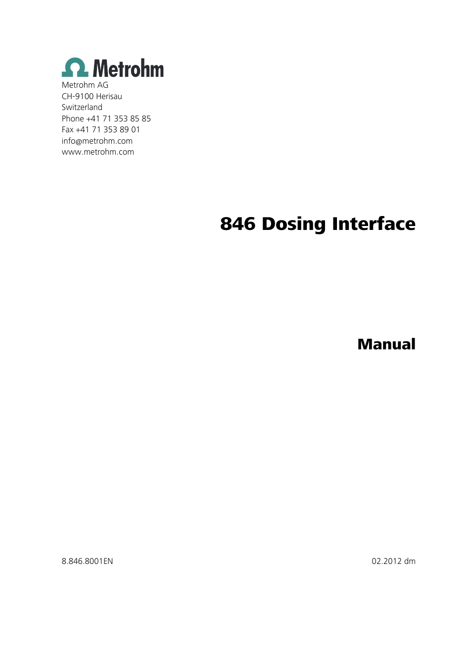 846 dosing interface, Manual | Metrohm 807 Dosing Unit User Manual | Page 3 / 43